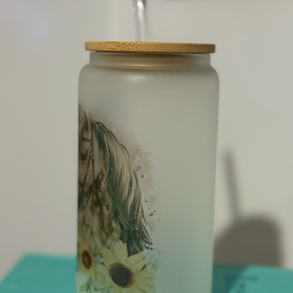 Frosted‎ Glass Tumbler with Horse and sunflower designs glass straw bamboo lid - Picture 2 of 4